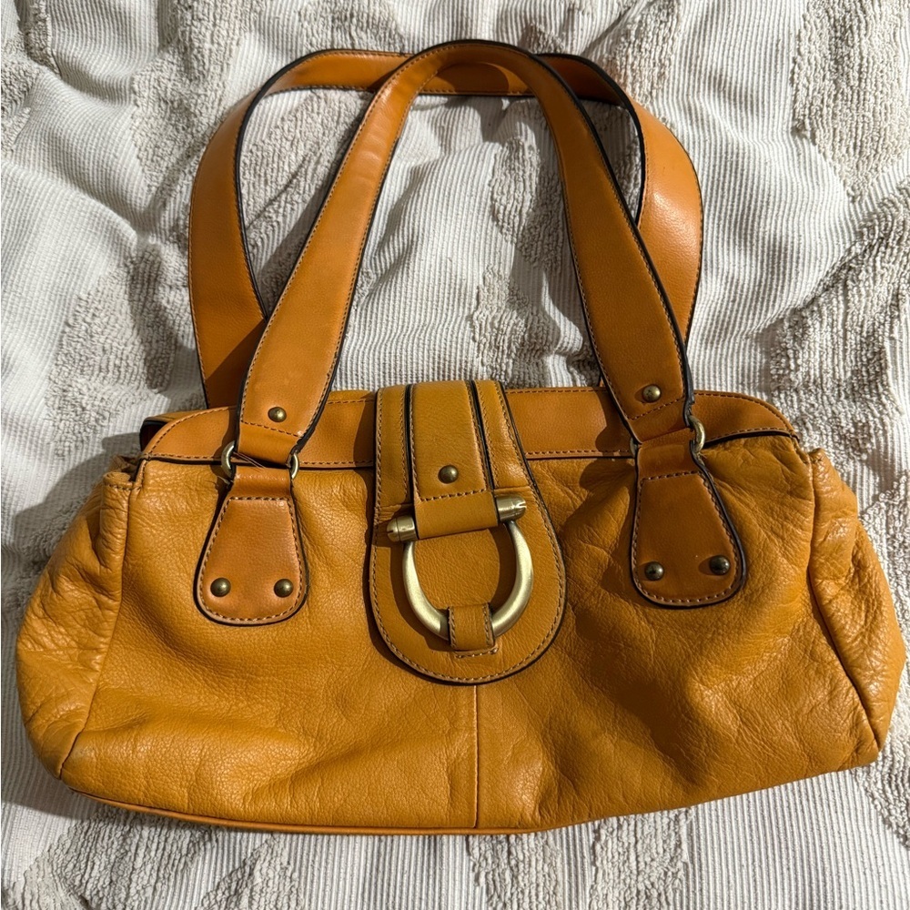 Vintage Y2K western Orange mustard leather shoulder bag baguette style purse